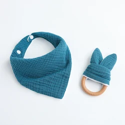 Toddler Triangle Scarf Feeding Bibs Soft Gauze Towel Rabbit Ear Teether70mm Safe Organic Wooden Ring set
