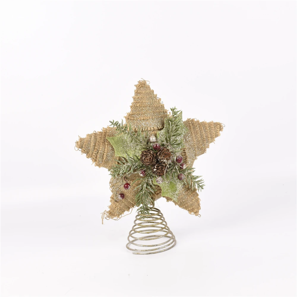 GY BSCI Christmas Decoration Metal Wire Brown Hanging Rattan LED Lights Decorated Star Tree Topper