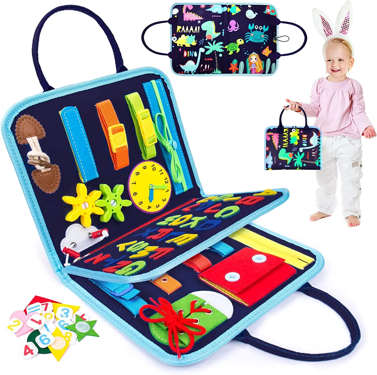 Toddler Busy Board Montessori Learning Sensory Early Educational Toy for Develop Basic Skill, Dressing,Counting,Spelling Words