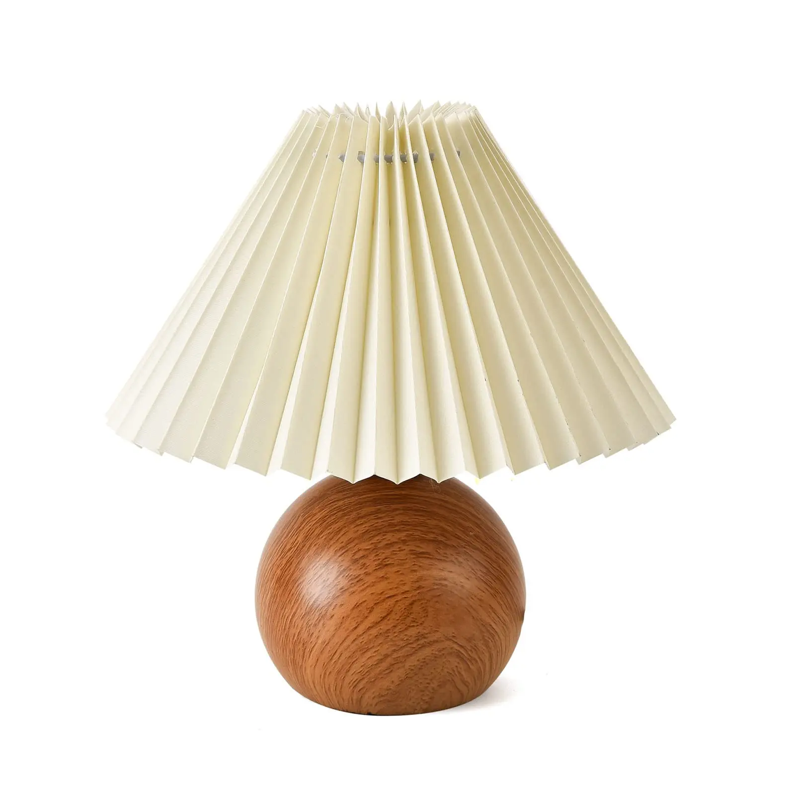 Modern Creative Wooden Grain Ball Small Table Lamp Bedside Nightstand Lamp With Beige Lampshade for Bedroom With E12 Bulb