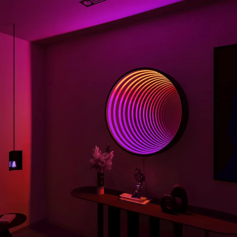 Tiktok Hot Selling LED Modern RGB 50CM Circle Geometric Mirror Tunnel Lamp Living Room Bedroom Wall Lamps With Remote Control