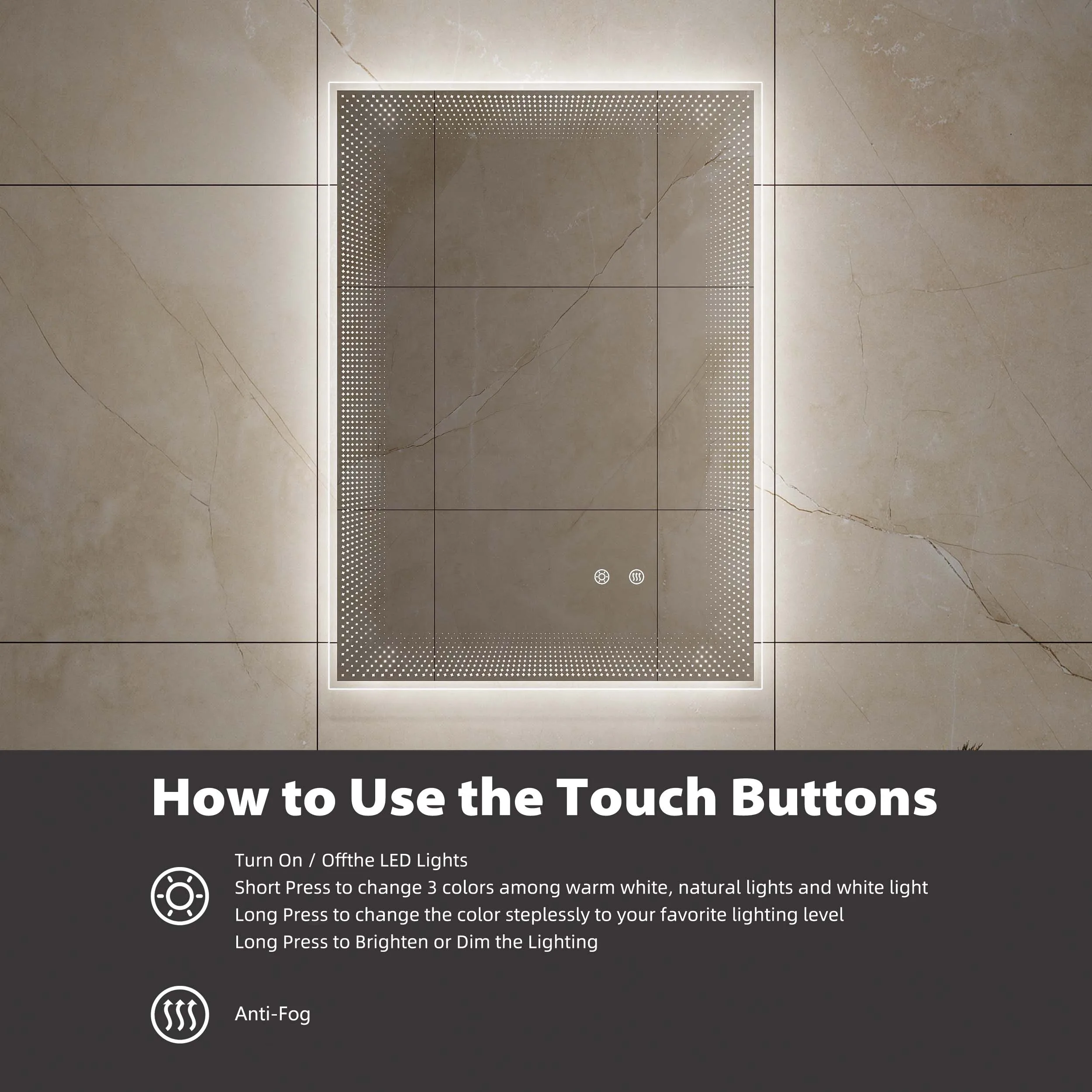 Wall Mounted Touch 3 Colors Dimmable Backlit 500 X 700 Rectangular Vanity Lighted With Lights Frameless Led Bathroom Mirror