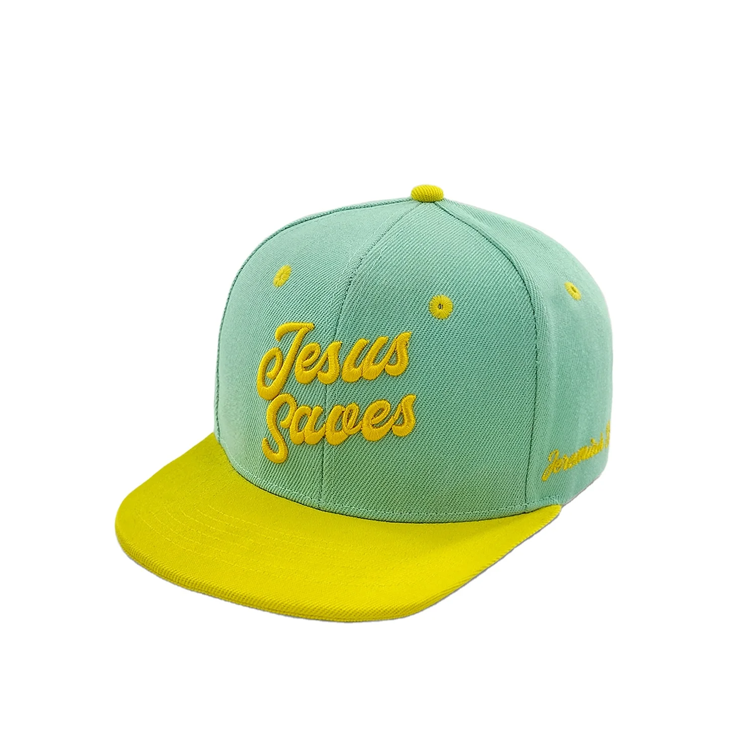 Green Sports Structured Baseball Cap with Yellow Lettering Embroidery Customized Factory Wholesale Flat Brim Cotton Snapback Hat