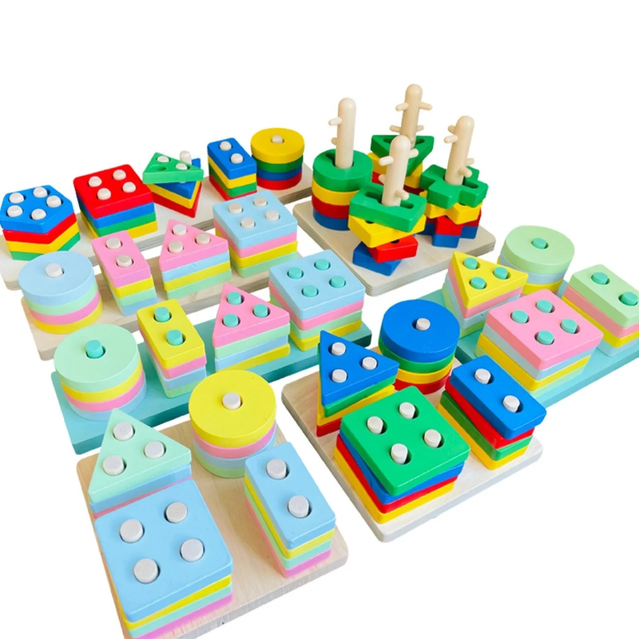 High Quality Wood 3D Shape Geometry Column Match Stacking DIY Building Block Sets Preschool Educational Toys For Kids Boys Girls