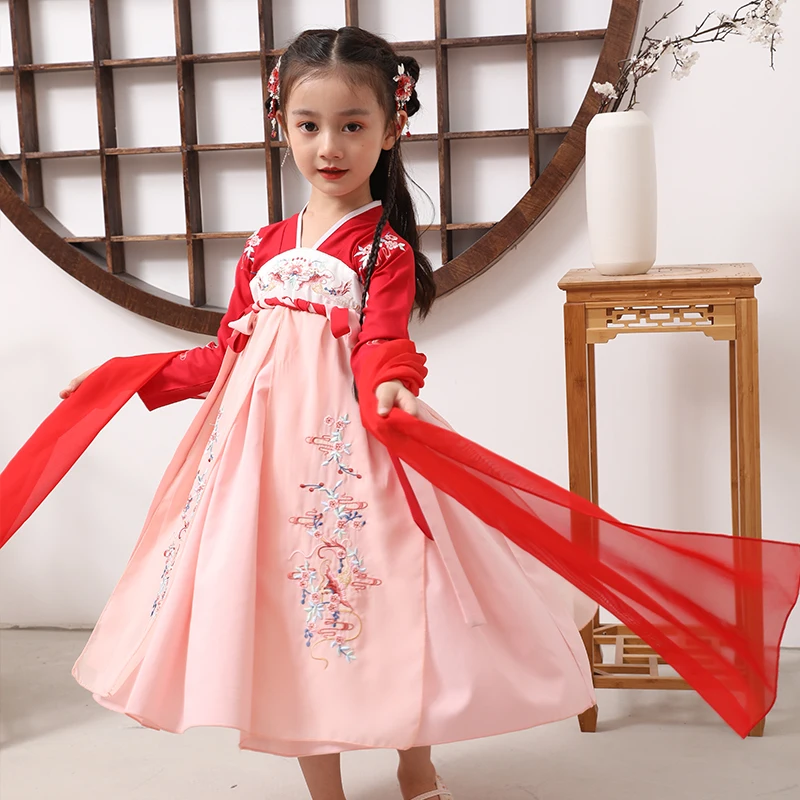 Модная Китайская одежда, детская юбка с вышивкой, комплект из 1 предмета, платье ханьфу для девочек, Детский костюм Тан
