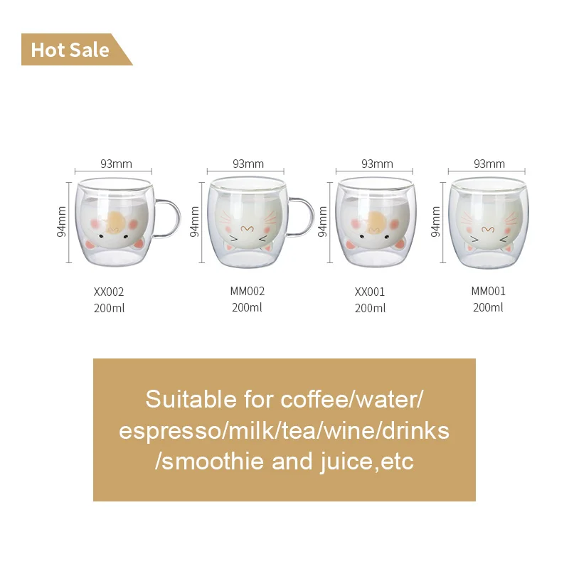 cartoon cup glasstumbler 200ml coffee cup glass 7oz borosilicate glass double wall cup