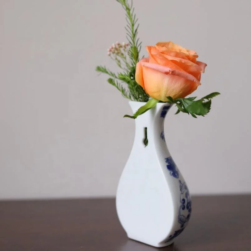 Wall Decoration Blue and White Bottle Plant Ceramic Mini Wall Flower Vase with Hanging Hole