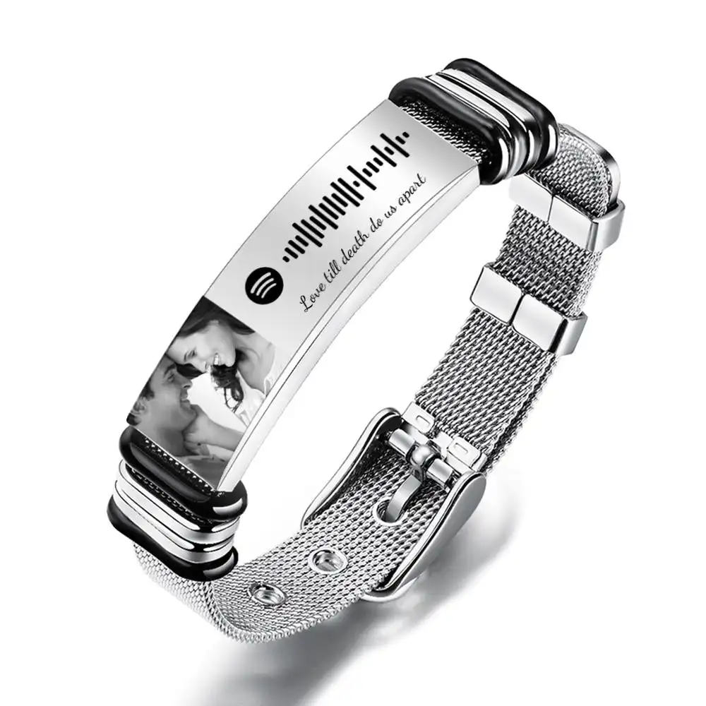 Duoying OEM Cynthia Dorenzo Source Lettering Titanium Steel Bracelet Photo Fashion Mesh Strap Bracelet Spotify Code Bracelet