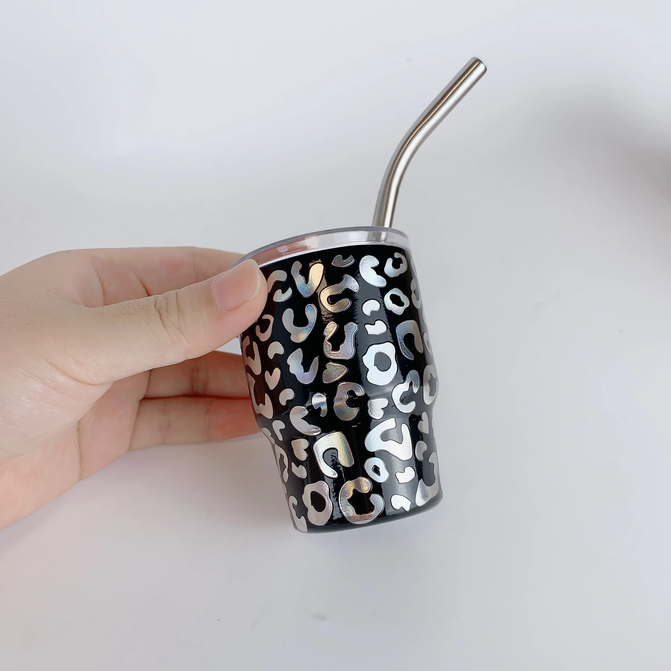 2oz Mini Cheetah Tumbler Shot Glass Insulated Stainless Steel Wine Tumbler Shot Glass Kids Cup with Lid and Straw