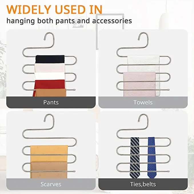 Space Saving Stainless Steel  5 Layers S Type  Closet Storage Organizer for Pants Jeans Scarf Towels Hanging Hanger Pants Metal