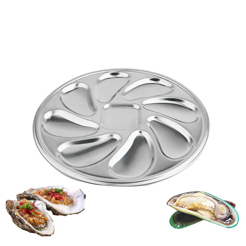 Stainless Steel Oyster Plate Seafood Buffet Serving Tray BBQ Bar Barbecue Kitchen Accessories Tableware 7pcs Oyster Dish