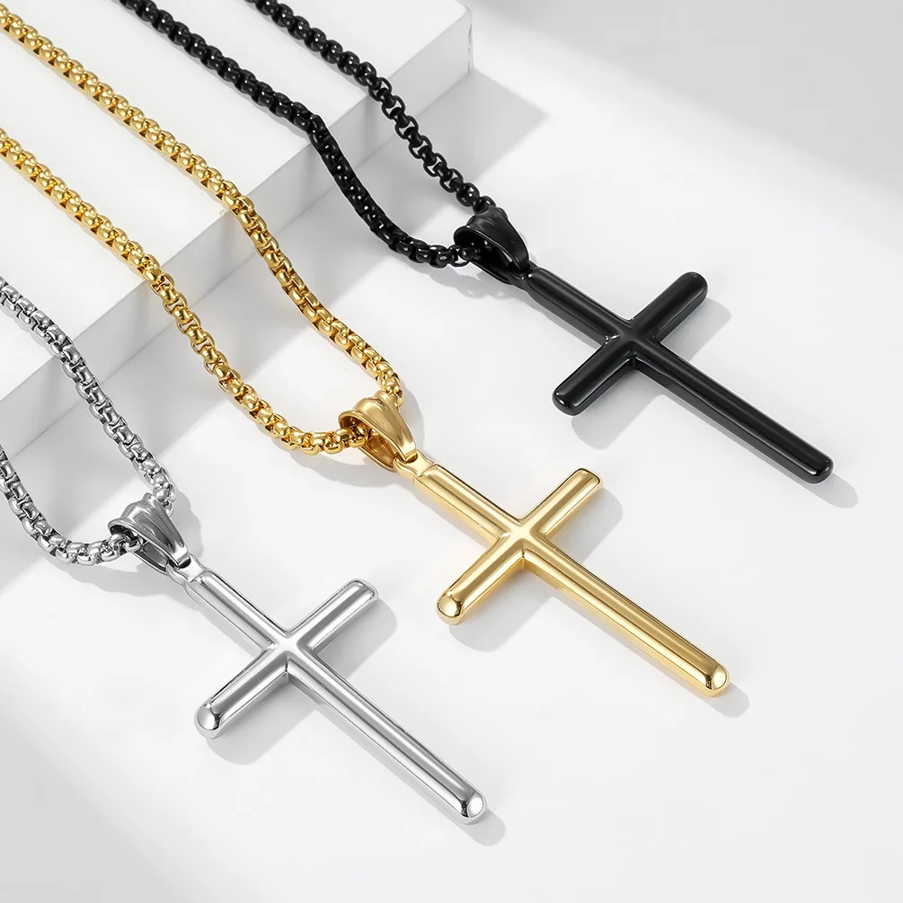 European and American punk hip hop simple blank silver gold black gun cylindrical titanium steel cross chain necklace