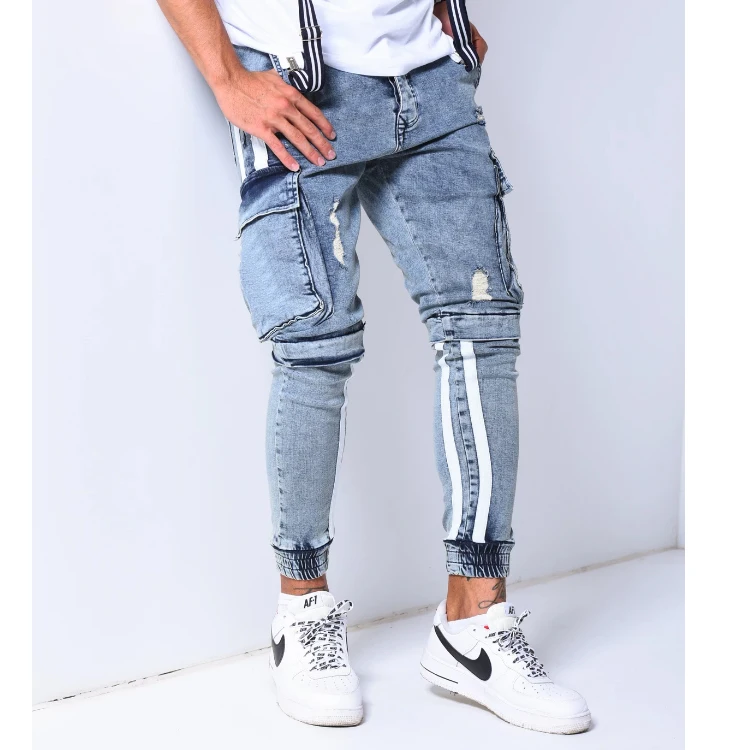 
Custom Striped Men Jeans Vintage Blue Denim joggers Men Cargo Pockets Tape Jeans for Men 