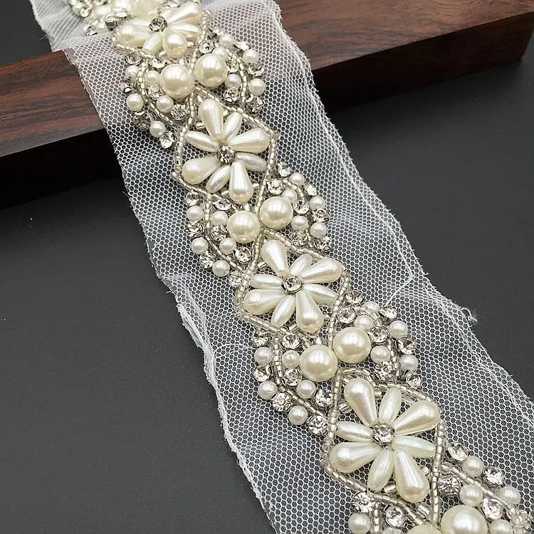 
GUGUTREE Pearl Beaded Lace Edge Trim,beads laces trim Ribbon,Bridal Dress Tassel DIY braid accessory appliques,KZ-2032580 