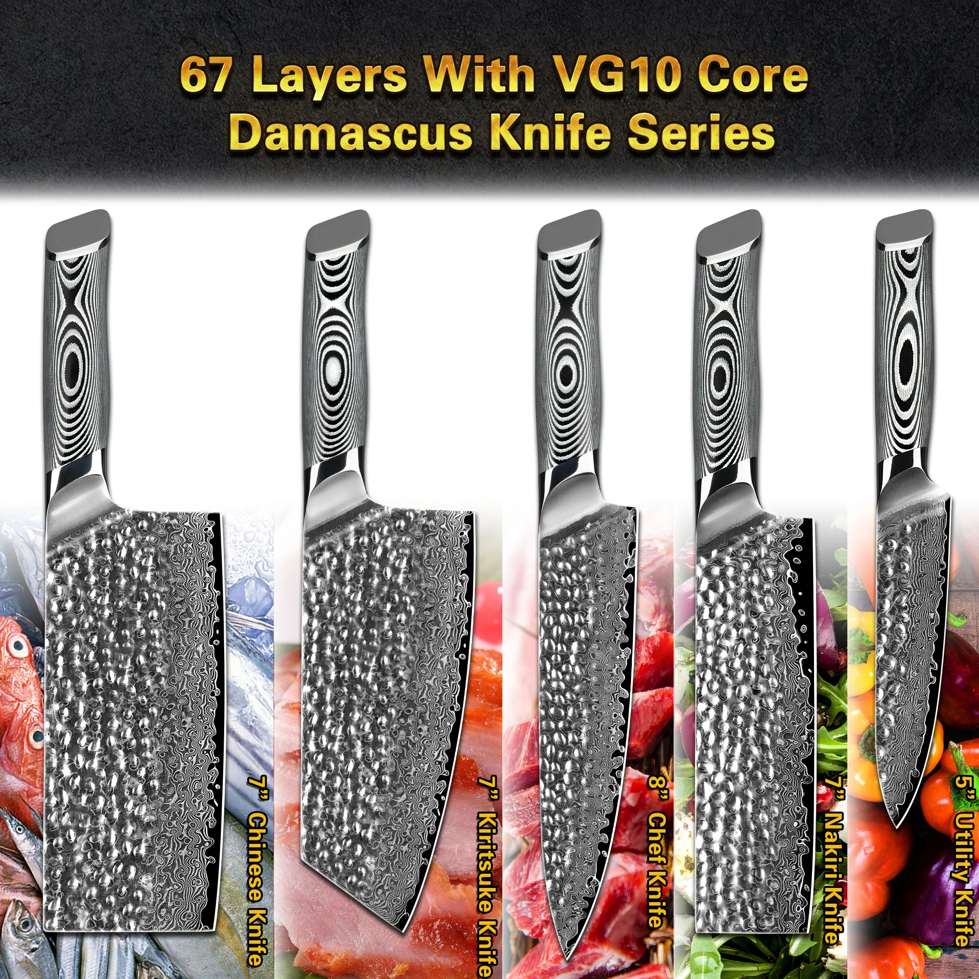 Ручка Grey G10 7 дюймов 67 слоев vg10 китайские поварские ножи из дамасской стали нож для ножей мяса с кованым узором