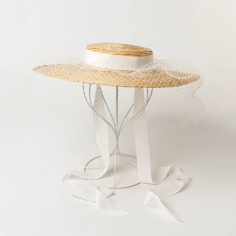 
Classic Straw Grass Hats Female Elegant Wedding Hat Ribbon & Rope Show Wear Hats 