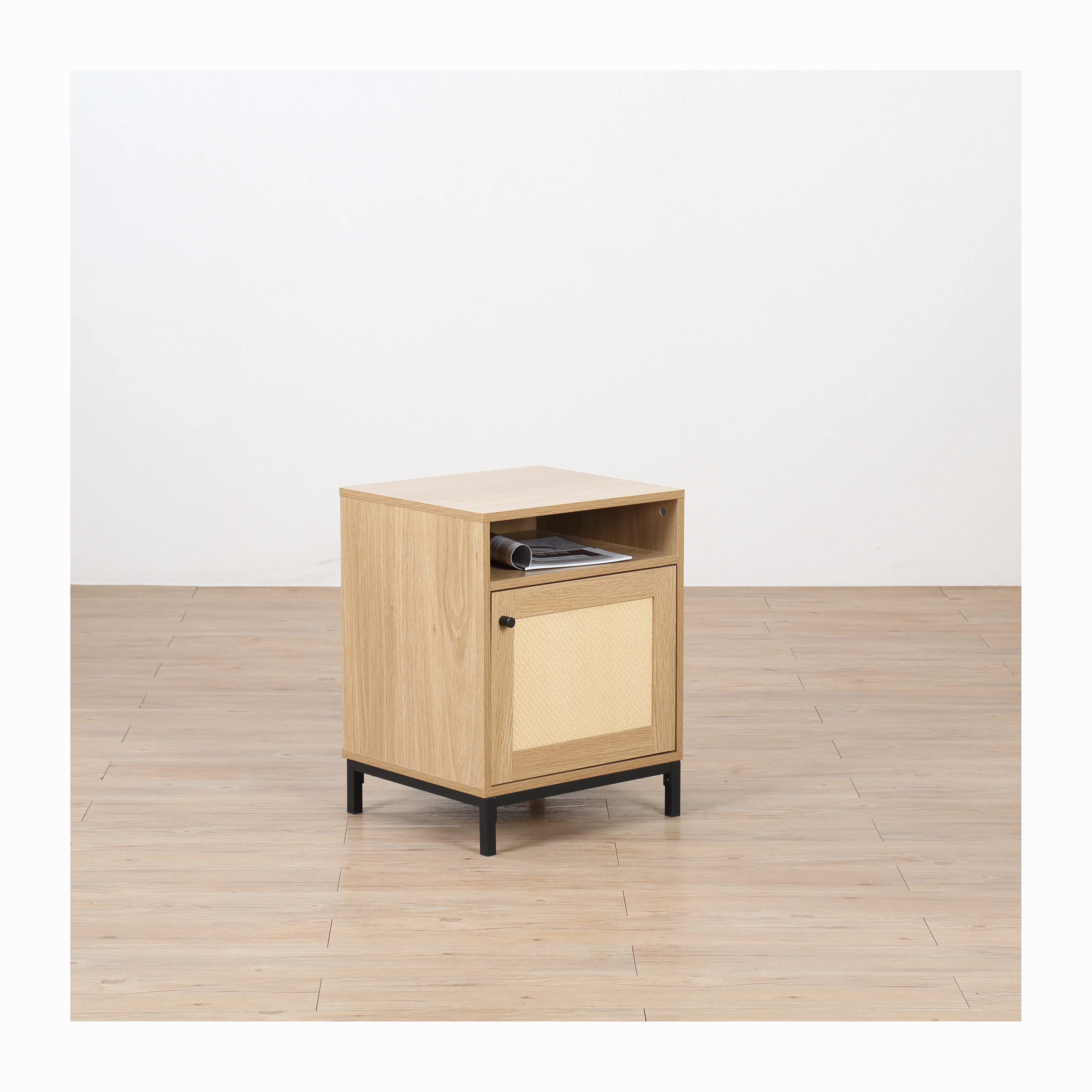 Wholesale paper rattan 1door 1 shelf shelf  kitchen liner dining living entryway storage racking handle metal leg wooden cabinet