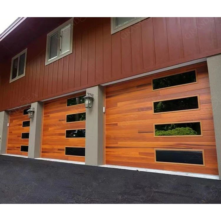 Modern Sectional Insulated Panel Anti Rust Aluminium Wooden Grain Automatic Steel Garage Door With 4 windows