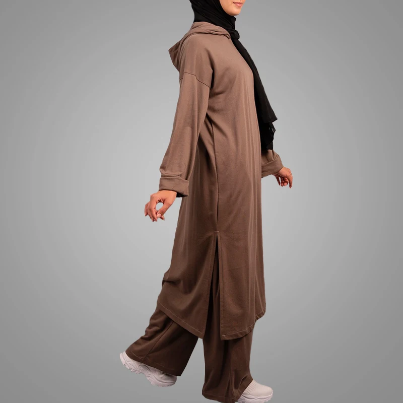 Newest Muslim Women Hoody Abaya Dress 2-Piece Set Basic Top With Pants Everyday Tunic Islamic Clothing Lady Blouse