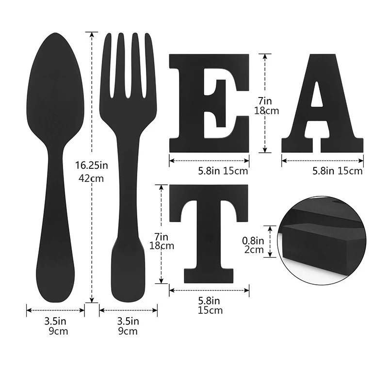 Black Wall Mounted Art EAT Letter Sign Fork Spoon Wooden Crafts Wall Hanging Decoration For Kitchen Restaurant Coffee