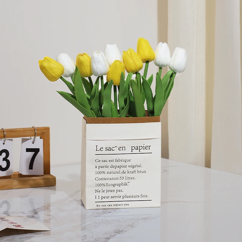 Wholesale High Quality Real Touch Artificial Silk Flowers 10 Heads Tulips With Paper Bag