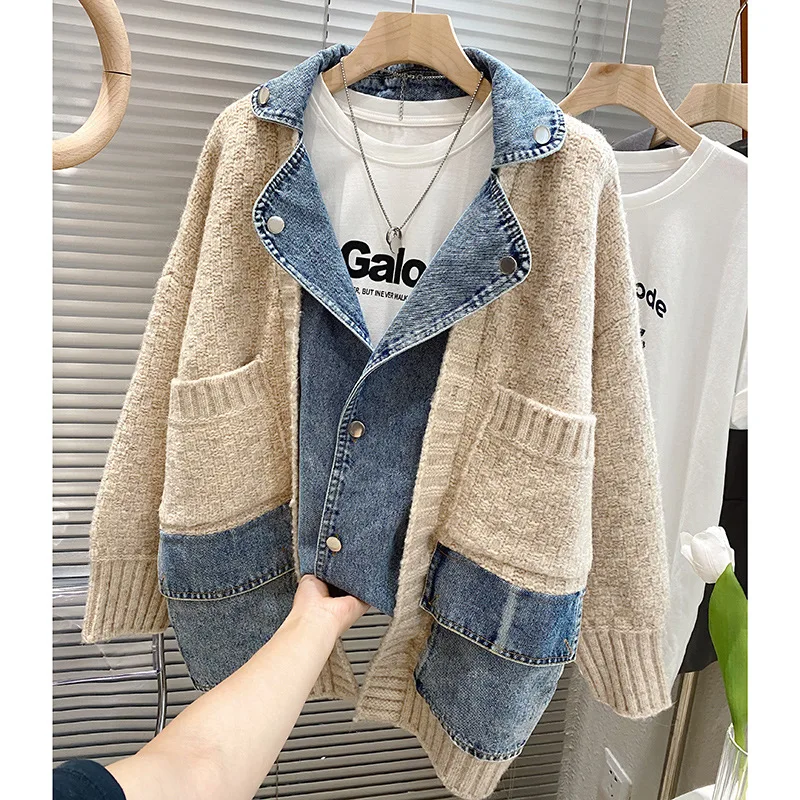 New Winter Splicing Female Loose Sweater Cardigan Jean Women Denim Jacket