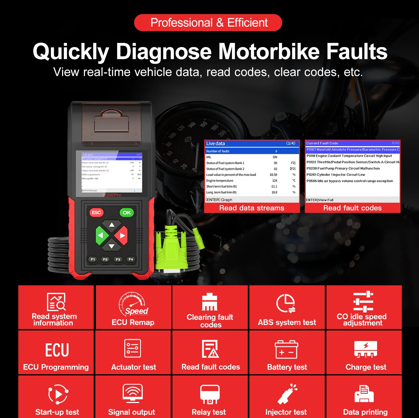 12V Battery Analyzer Tester Professional OBD2 JDiag M200 Pro Motorcycle scanners  and remap Program motorcycle diagnostic tools