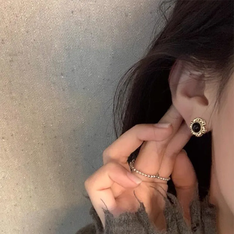 Luxury Fashion Pure Real 18K Gold Black Onyx Earrings Jewelry Women Ladies Female Bridal Engagement Wedding Earrings