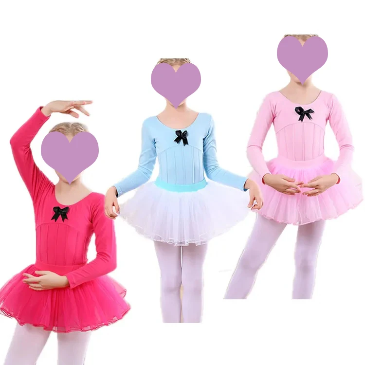 2pcs Ballet Dress Gymnastics Leotards for Girls Kids Long Sleeve Ballet Dancewear Chiffon Skirts Kids Bowknot Dance Leotards
