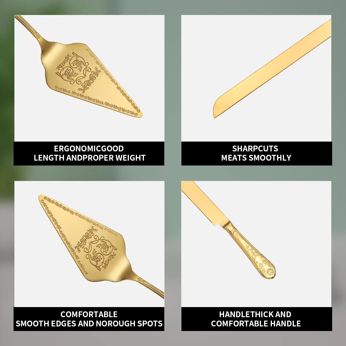 18/10 Luxury Gold Stainless Steel Wedding Cake Knife Cutter And Spatula Set 2 Piece Pie Server Cake Cutter Knife for Birthday