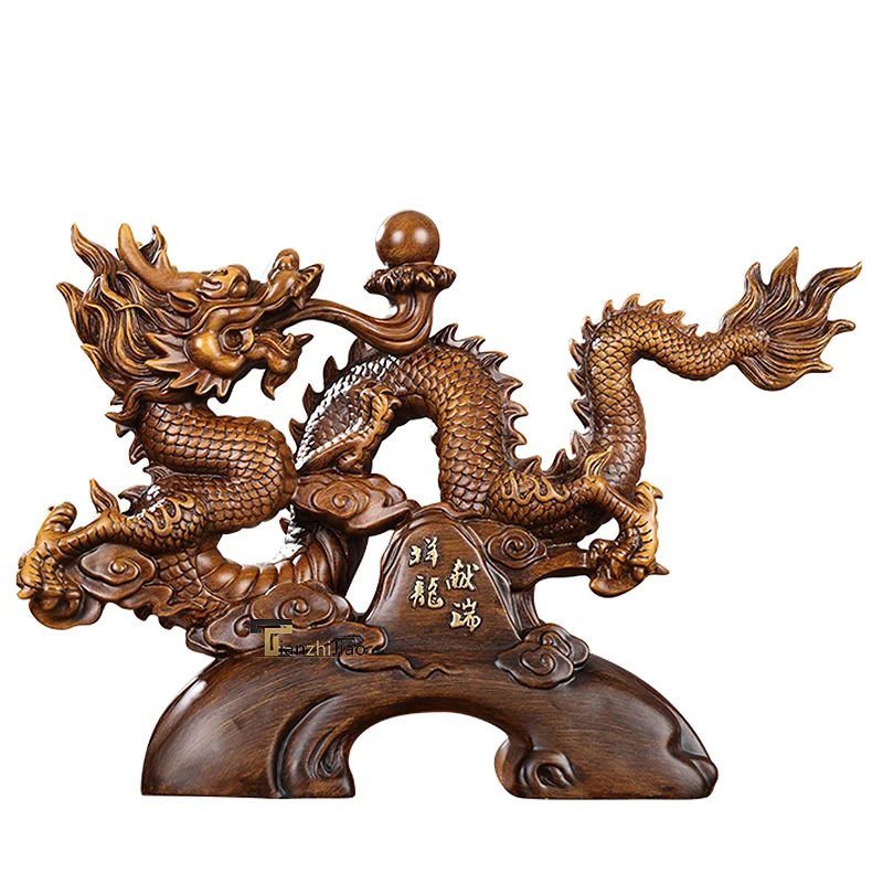 Wood Grain & Gilded Chinese Lucky Fengshui Resin Dragon Sculpture Craft Dragon Statue