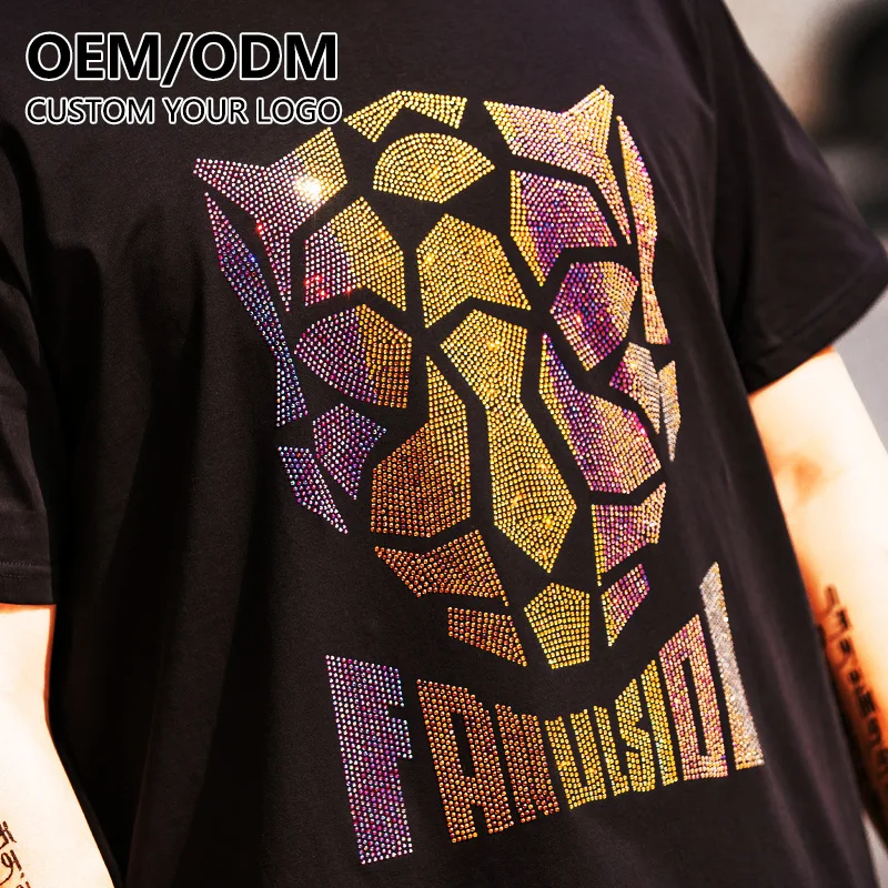 Fashion luxury hot fix rhinestone tshirt Custom Heat-transfer Printing Design logo pattern short sleeve casual mens t-shirt