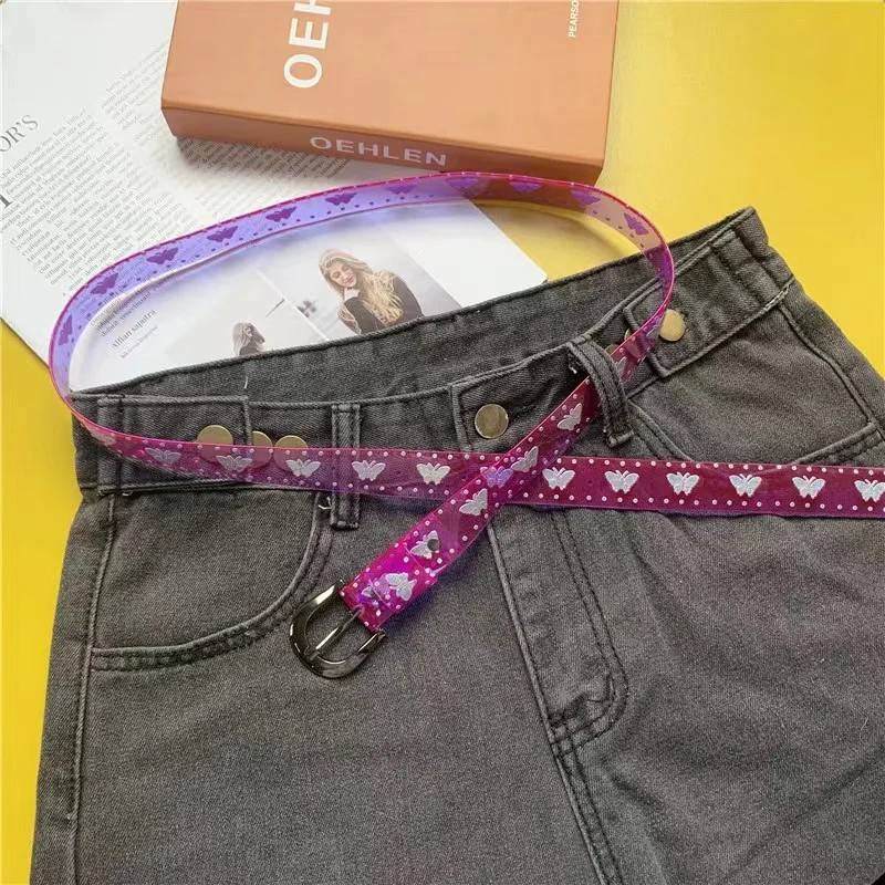 Transparent laser belt candy color butterfly print ladies plastic belt thin belt