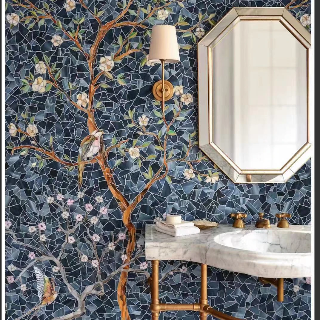 Custom Picture Bird Hand Cut Glass Mosaic Tile Mural Art Pattern for Wall Decoration