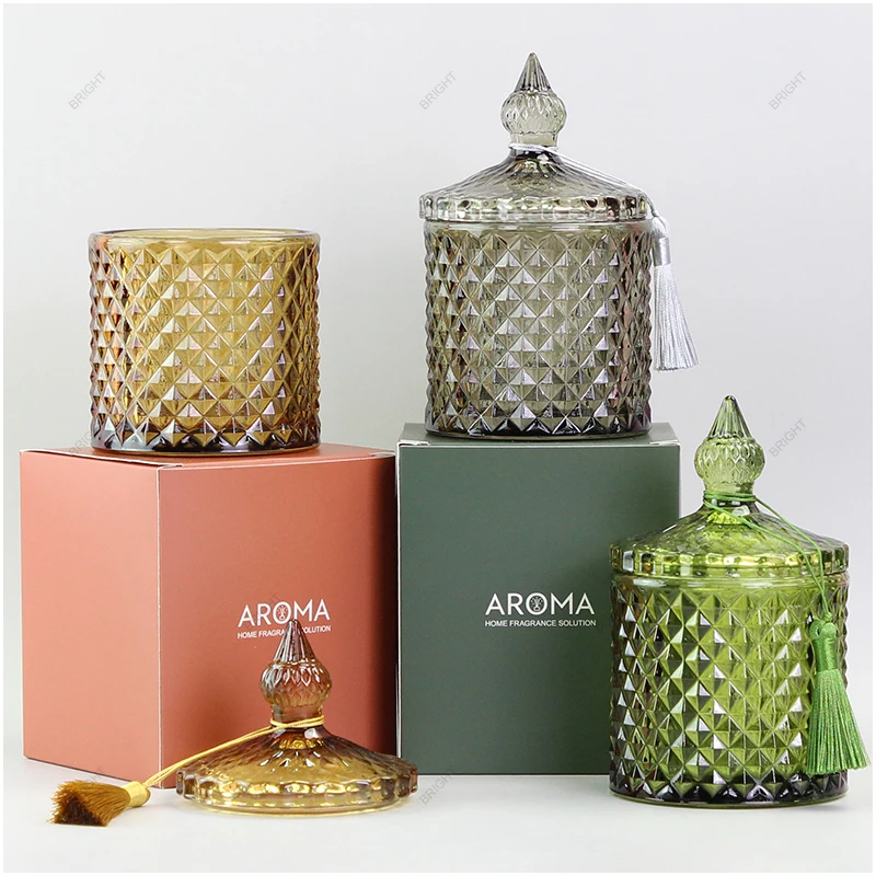 Wholesale 250ml multi color crystal glass geo cut geometric candle jar with gold rim lid for party wedding decorations