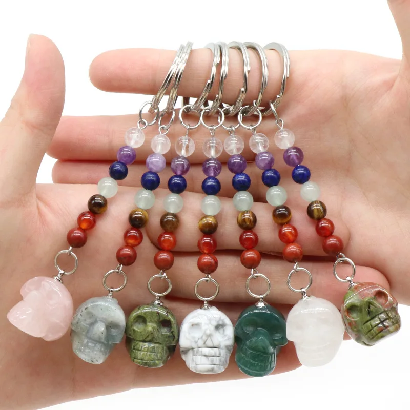 2024 Natural Crystal Agate Skeleton Head Keychain Pendant Carved Ghost Head About 1 inch Small  Halloween