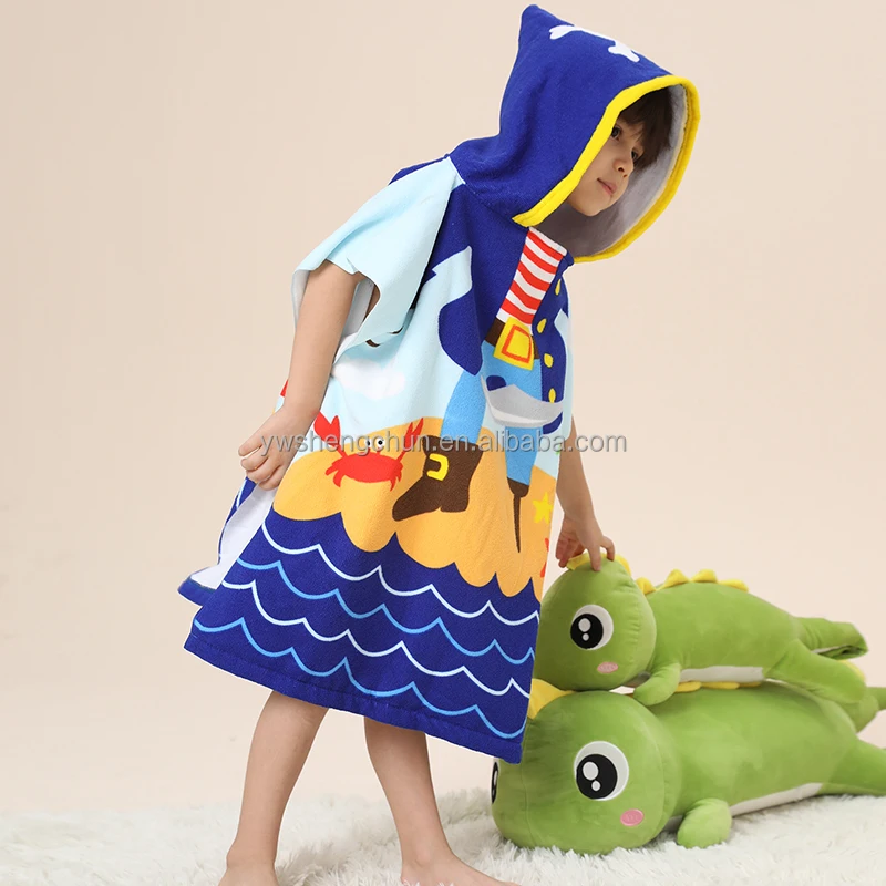 Wearable Pirate Printed Summer Children Poncho Microfiber Custom Hooded Kids Beach Towels