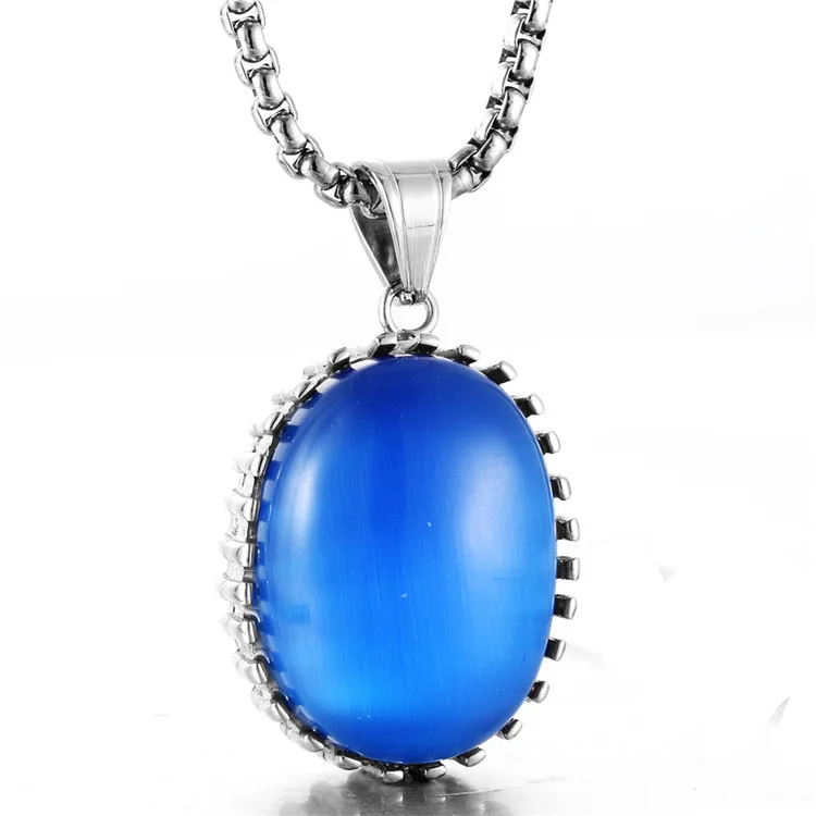 Fashion jewelry green yellow blue cat eye stone oval shape silver stainless steel pendant necklace with chain