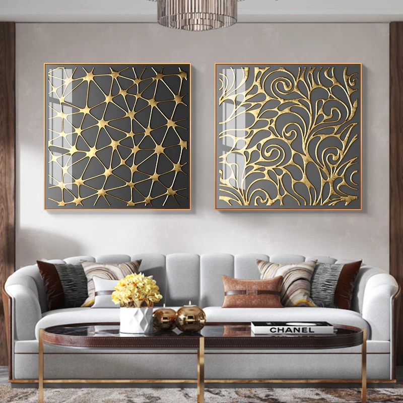 Geometric Pattern Canvas Painting Nordic Posters Prints Wall Art for Living Room Home Decor Electric Metal Abstract Golden Black