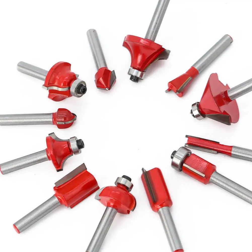 1/4 6MM 8MM 12-piece woodworking milling cutter set with trimming fillet straight milling cutter