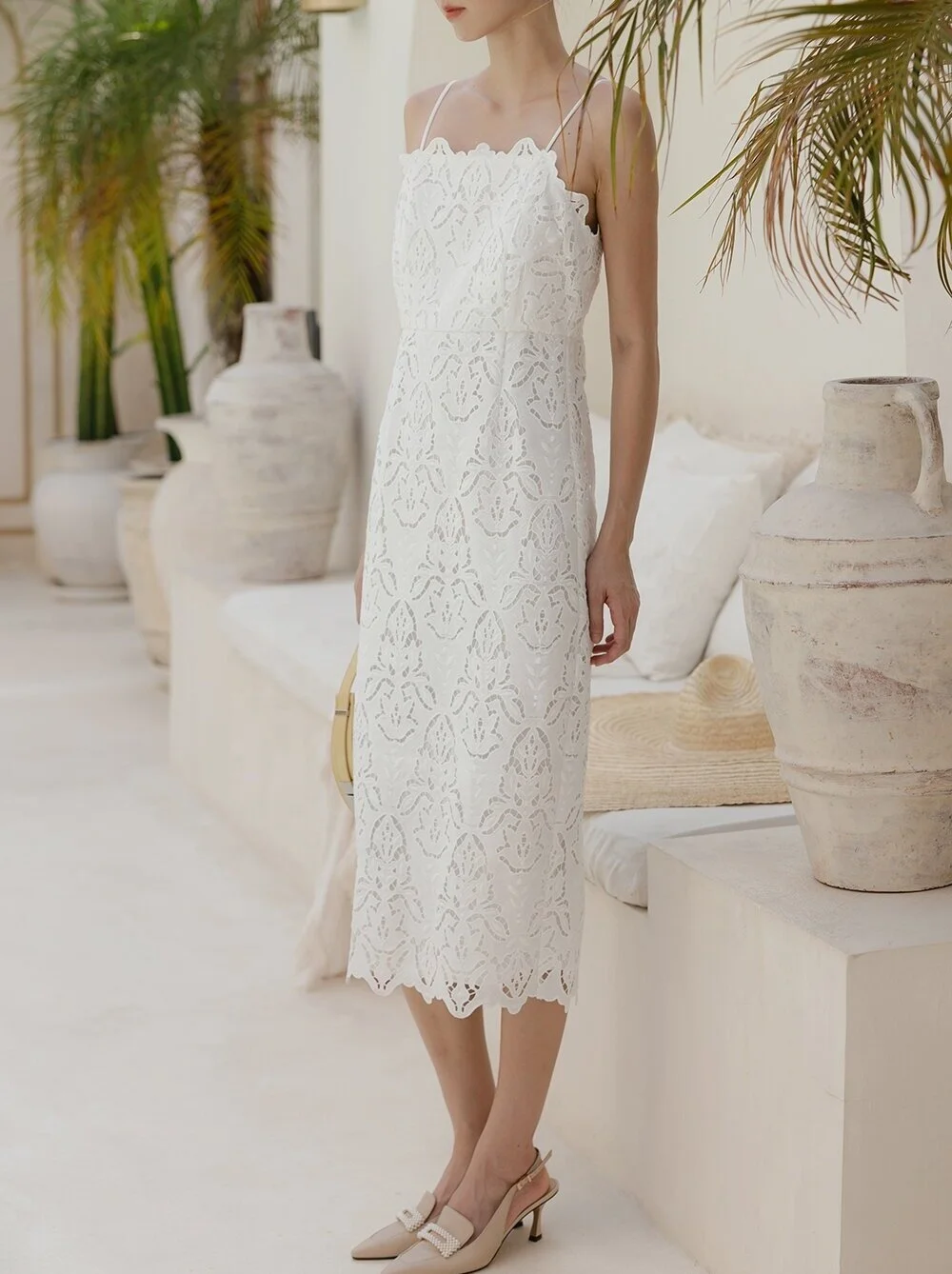 Hot Custom Elegant Pure Fashion White Lace Embroidery Floral Dress Simple Design Spaghetti Strap Clothes Women Dress Midi Length