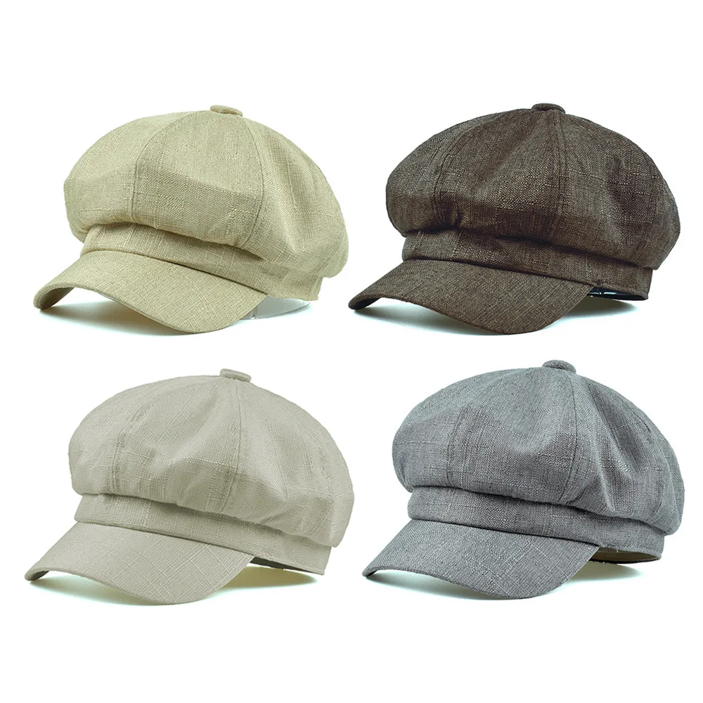 British retro thin cotton linen octagonal hat Korean personality solid Newsboy Hat simple female Baker Boy hat
