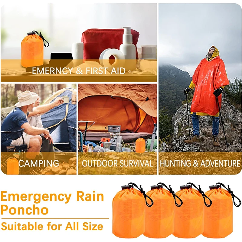 Waterproof Orange PE Aluminium Foil Survival Emergency Rain Poncho With Mylar Blanket Liner