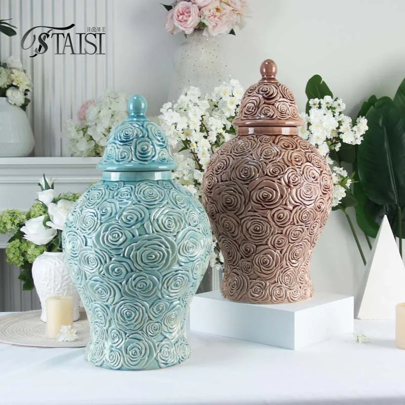J324LBA 15 inch ginger jar vase for hotel lobby decorative vases for home decor ceramic ornament embossed rose vase