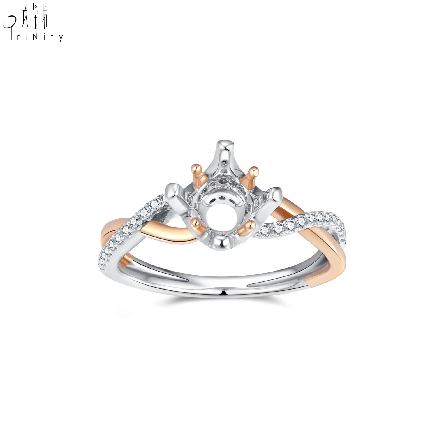 Promotional Fine Handmade Real Gold 18k Solid Gold White Diamond Rose Gold Crown Twist Semi Mounting Ring For Women Wedding