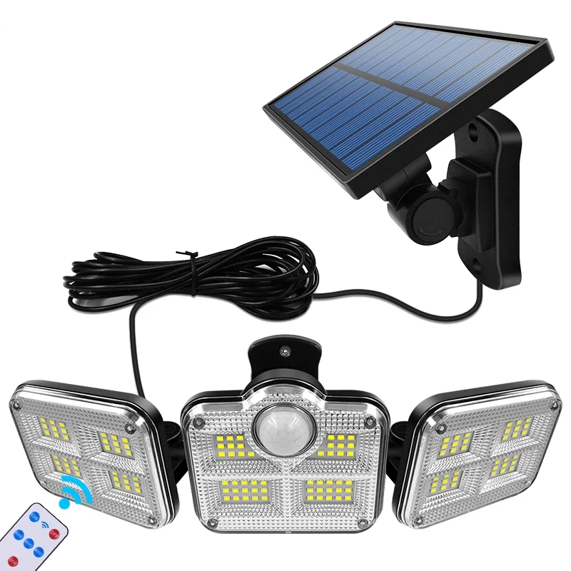 122 LED Solar Lights Outdoor 3 Head Motion Sensor 270 Wide Angle Illumination Super Bright Waterproof Remote Control Wall Lamp