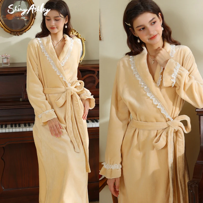 Long bathrobe for autumn-winter Princess with a French superior sense of warm dressing gown for girls with long sleeves pajamas