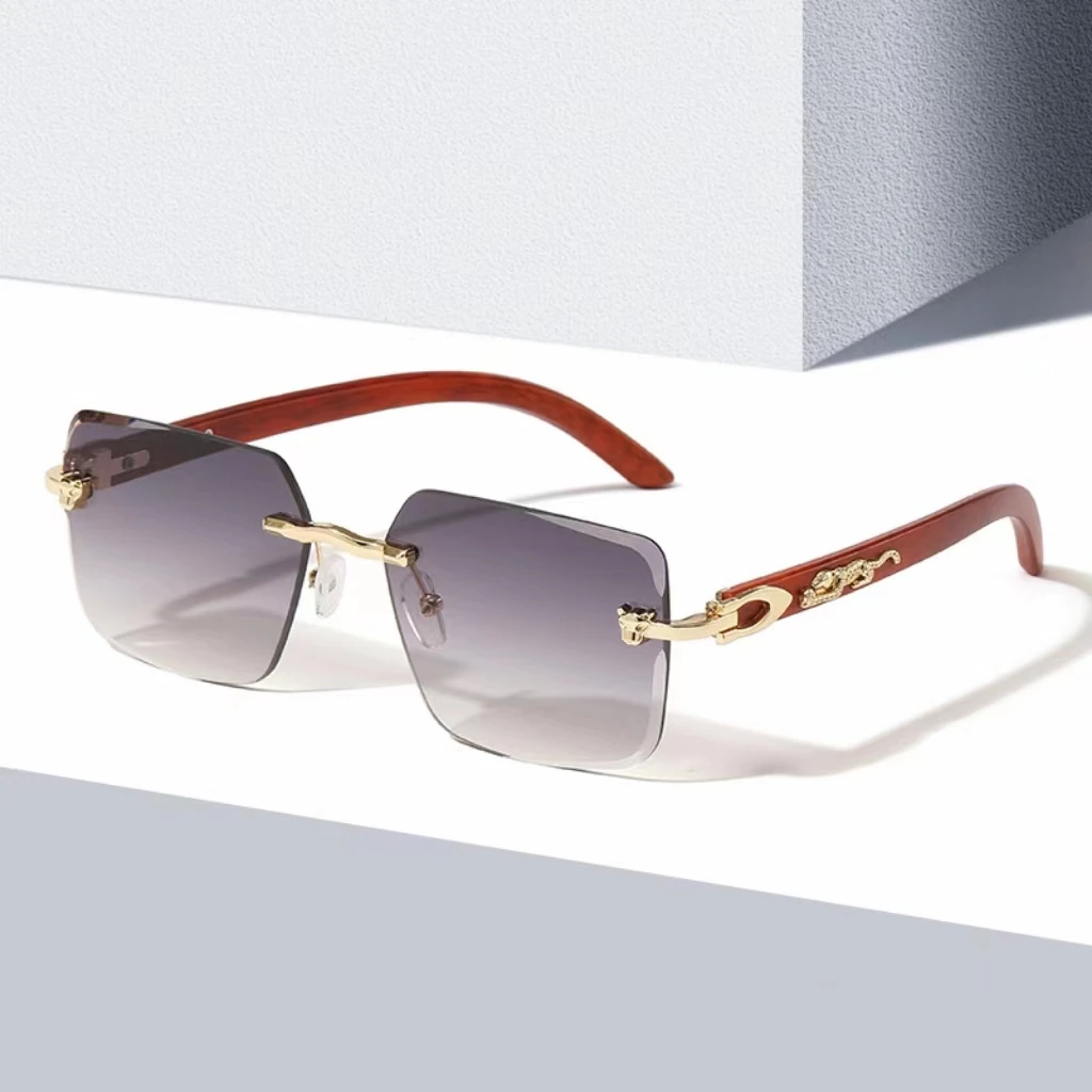 2024 Metallic vintage panther leopard rectangle Rimless cut edge classic sunglasses for unisex