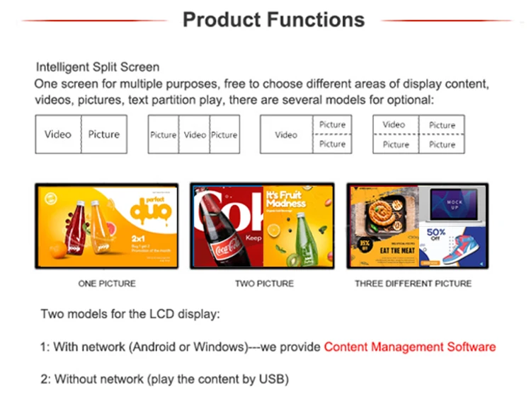 43 55 Inch Horizontal/Wall Mount/Floor Standing Advertising Highlight Indoor Small Lcd Display