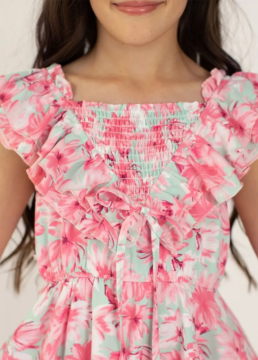 Custom Wholesale Big Kids Wear Vendor Designers Summer Children Girl Clothing Kids Clothes Flower Girls Dress With Floral Print